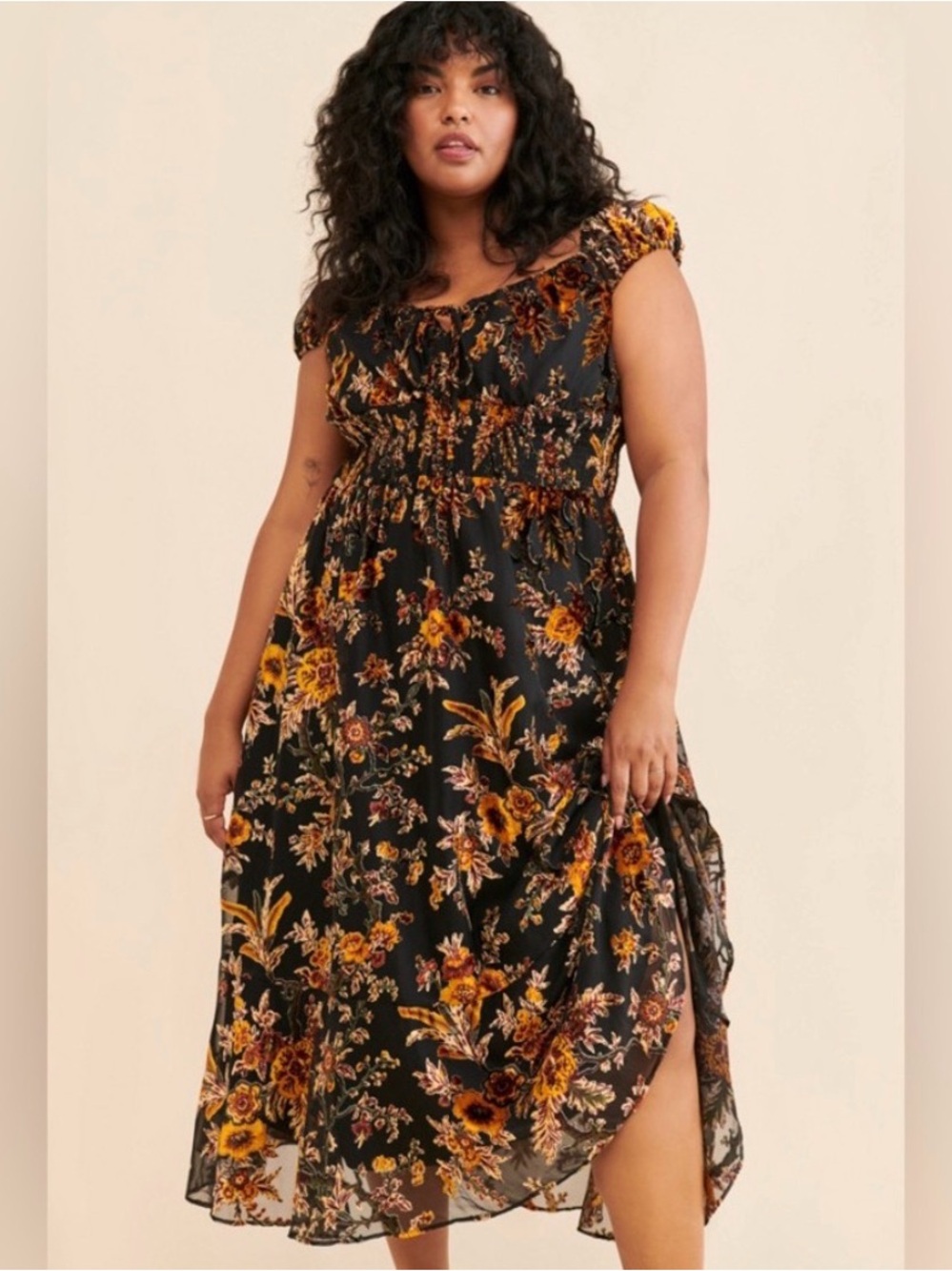 Anthropologie Hutch Floral Burnout Midi Dress Yellow Black Size 1X